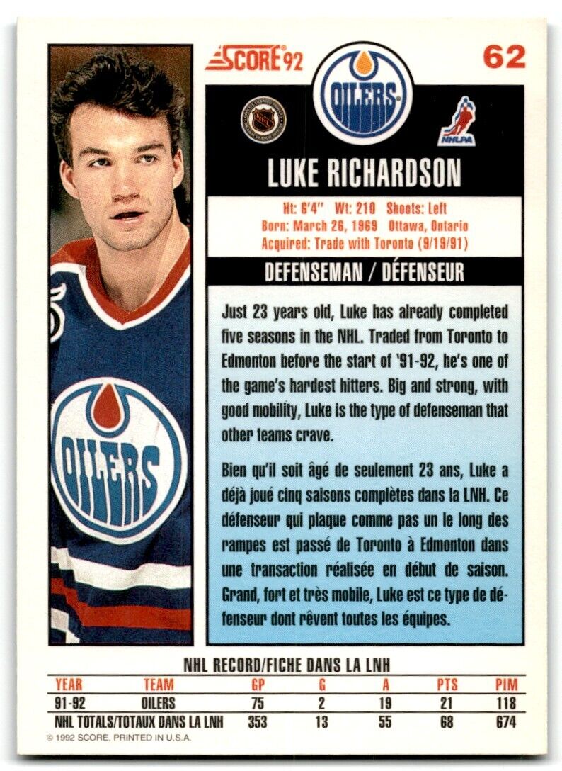 1992-93 Score Luke Richardson Edmonton Oilers #62