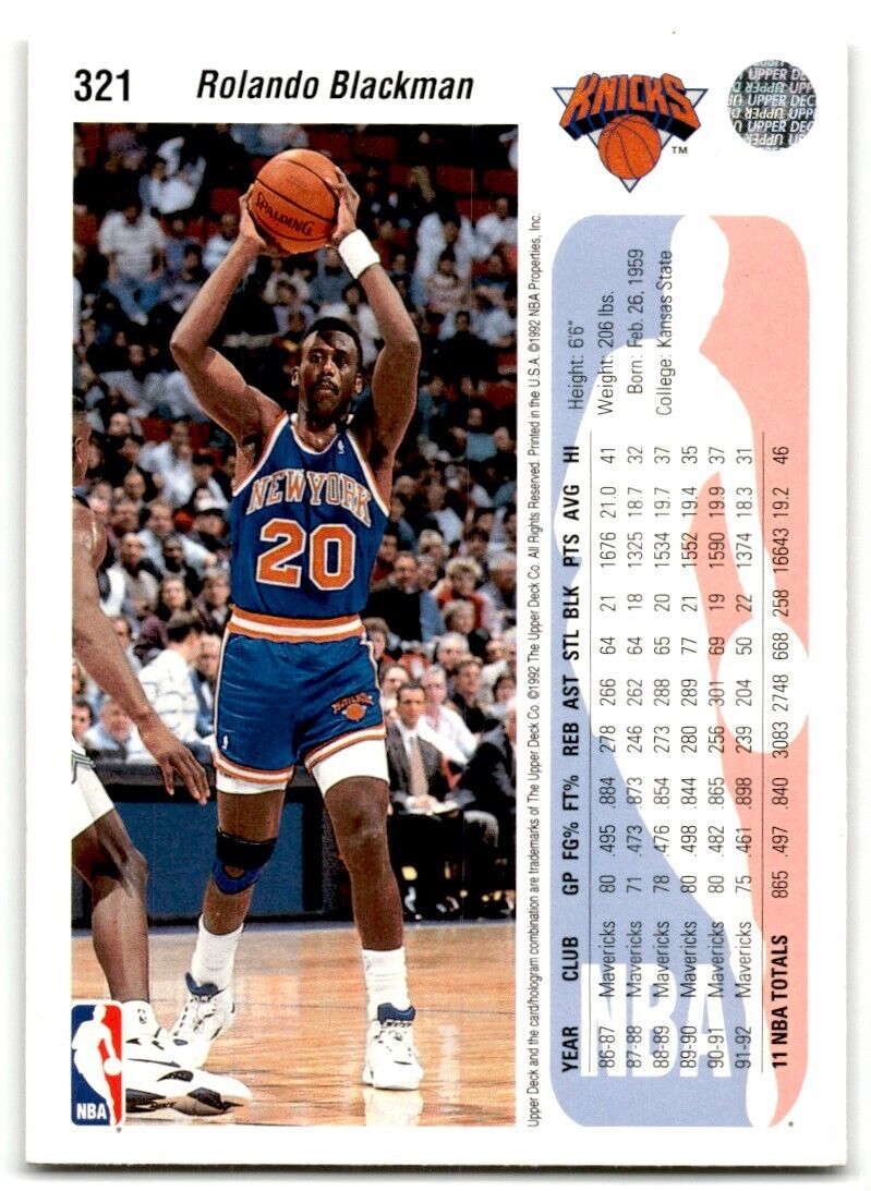 1992-93 Upper Deck Rolando Blackman New York Knicks #321