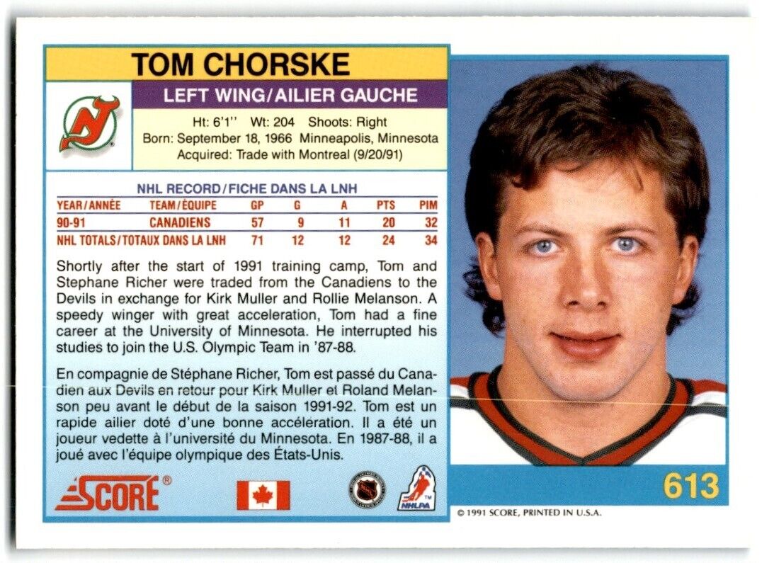 1991-92 Score Canadian Bilingual Tom Chorske New Jersey Devils #613