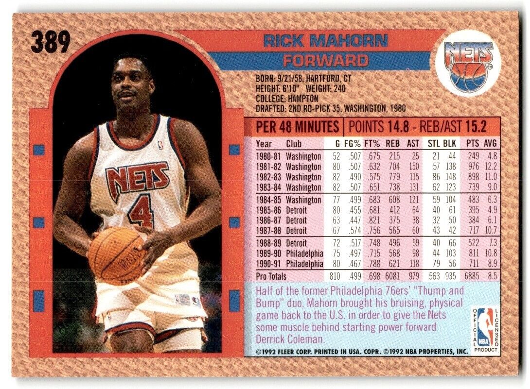 1992-93 Fleer Rick Mahorn New Jersey Nets #389