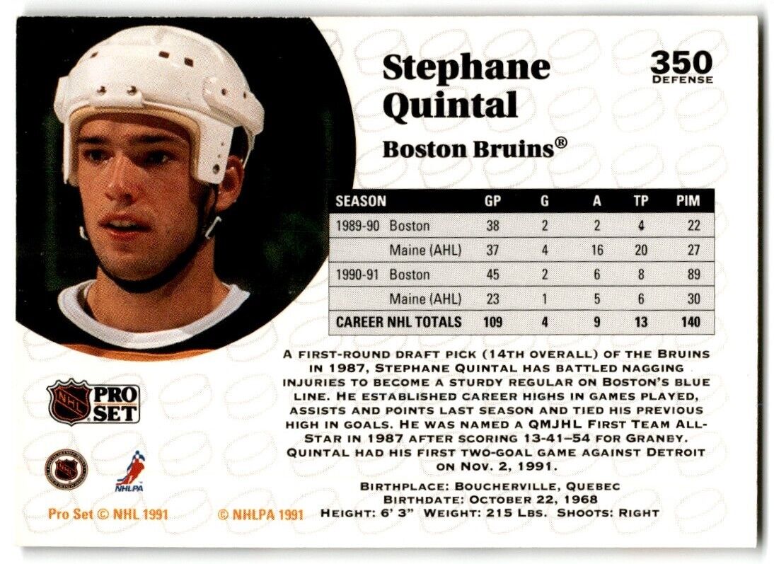 1991-92 Pro Set Stephane Quintal Boston Bruins #350