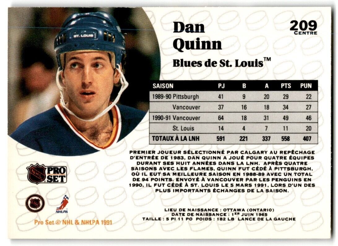 1991-92 Pro Set Dan Quinn St. Louis Blues #209