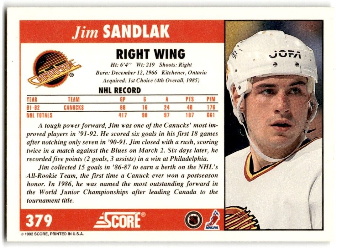 1992-93 Score Jim Sandlak Vancouver Canucks #379