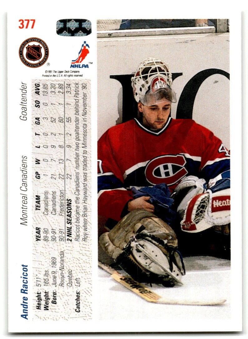 1991-92 Upper Deck Andre Racicot Rookie Montreal Canadiens #377