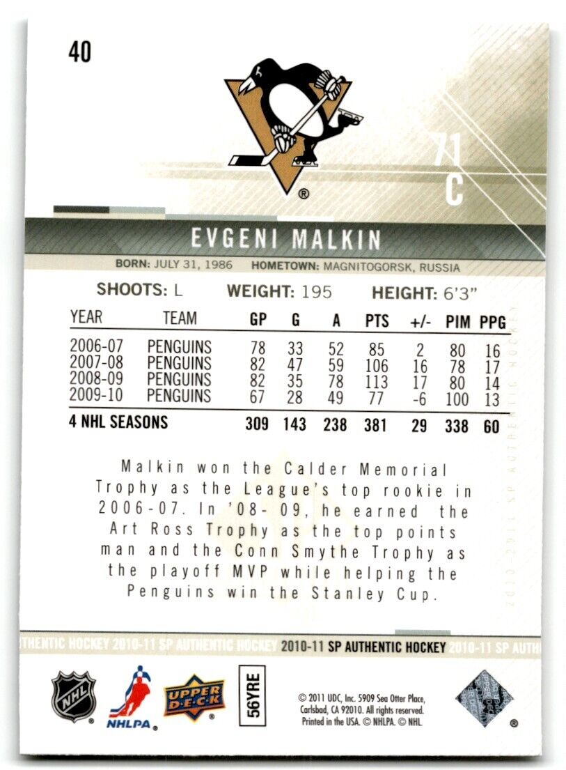 2010-11 SP Authentic Evgeni Malkin Pittsburgh Penguins #40