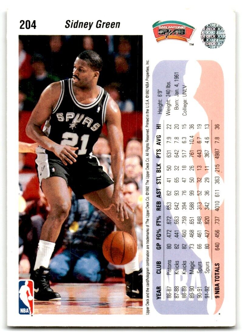 1992-93 Upper Deck Sidney Green San Antonio Spurs #204