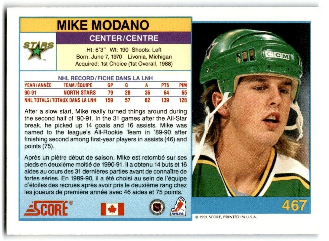 1991-92 Score Canadian Bilingual Mike Modano Minnesota North Stars #467