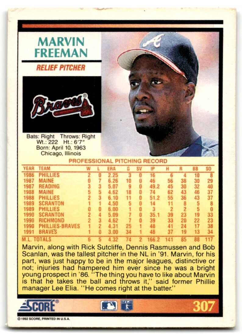 1992 Score Marvin Freeman Atlanta Braves #307