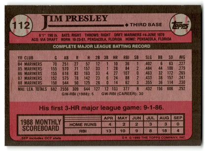 1989 Topps Jim Presley Seattle Mariners #112