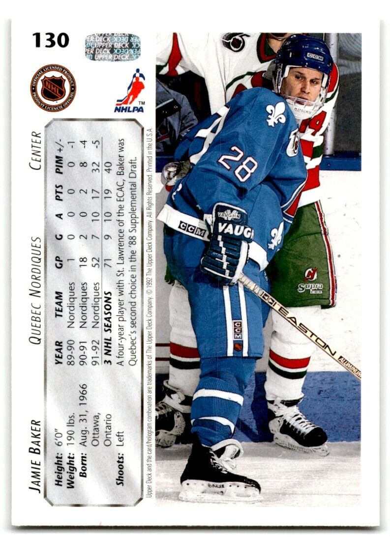 1992-93 Upper Deck Jamie Baker Quebec Nordiques #130