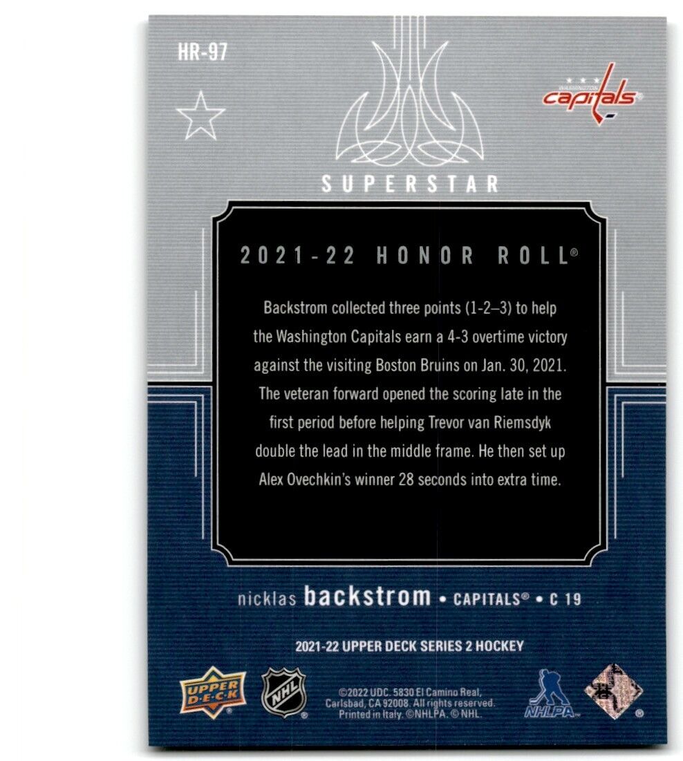 2021-22 Upper Deck Honor Roll Nicklas Backstrom Washington Capitals #HR-97