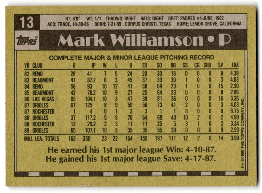 1990 Topps Mark Williamson Baltimore Orioles #13