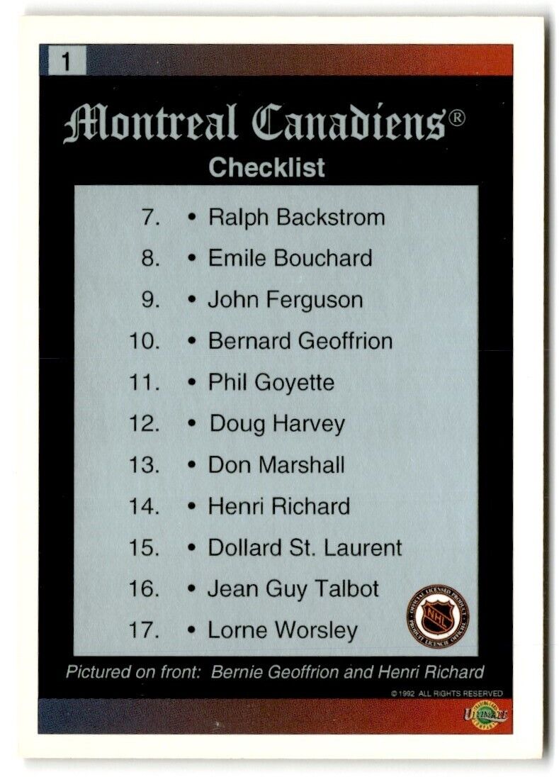 1992-93 Classic Checklist Montreal Canadiens #1