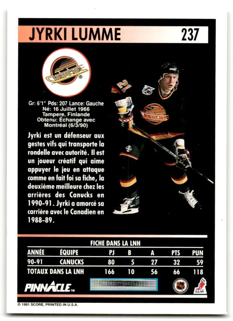 1991-92 Pinnacle Jyrki Lumme Vancouver Canucks #237