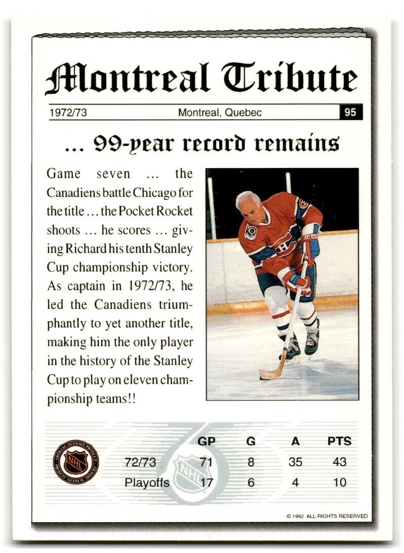 1991-92 Ultimate Original 6 Richard's 99-year Record Montreal Canadiens #95