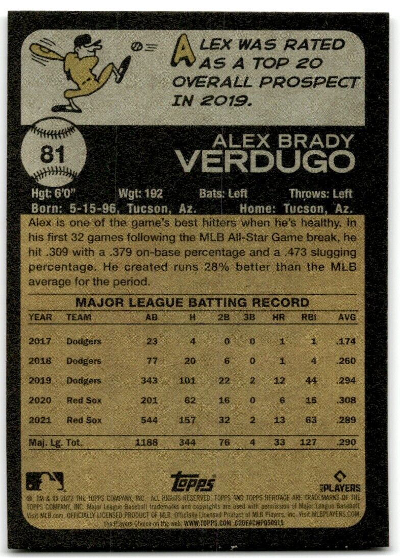 2022 Topps Heritage Alex Verdugo Boston Red Sox #81