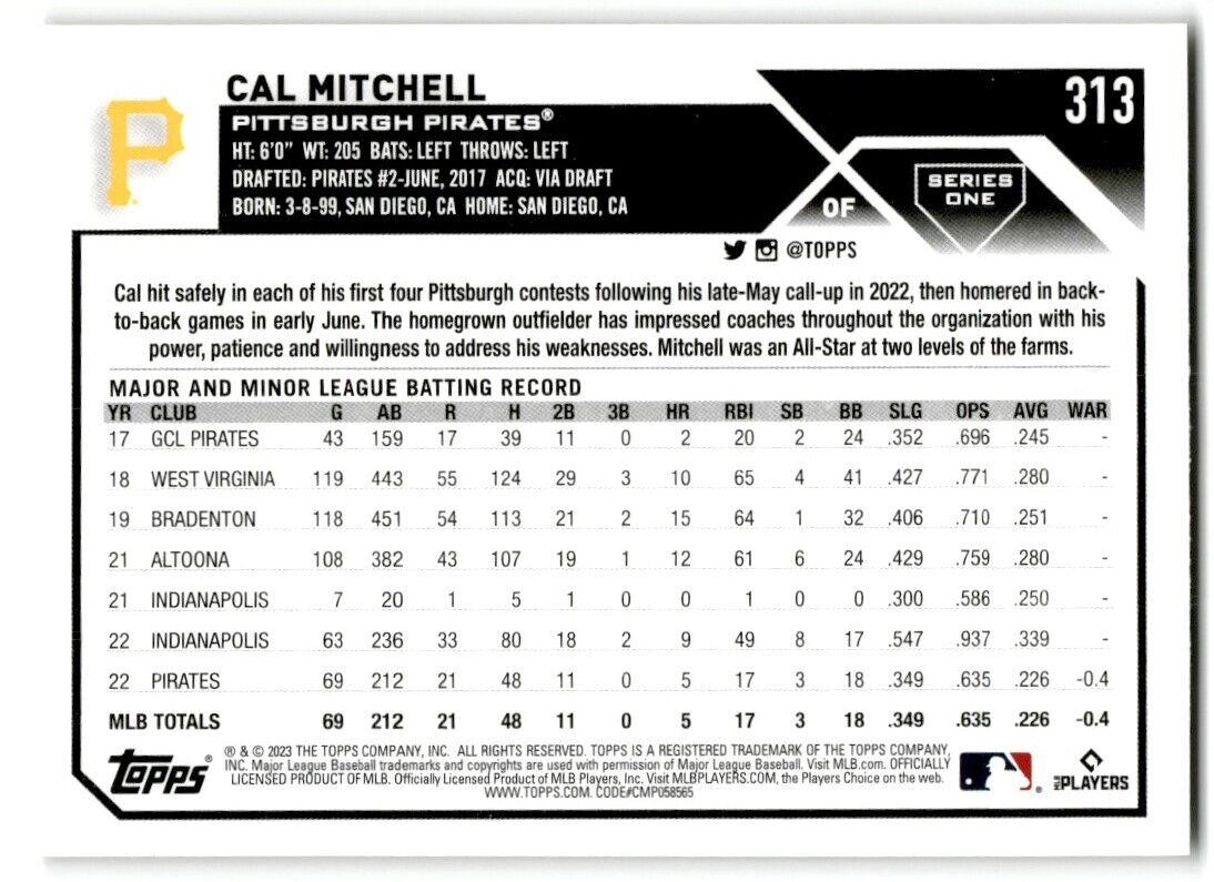 2023 Topps Cal Mitchell Rookie Pittsburgh Pirates #313