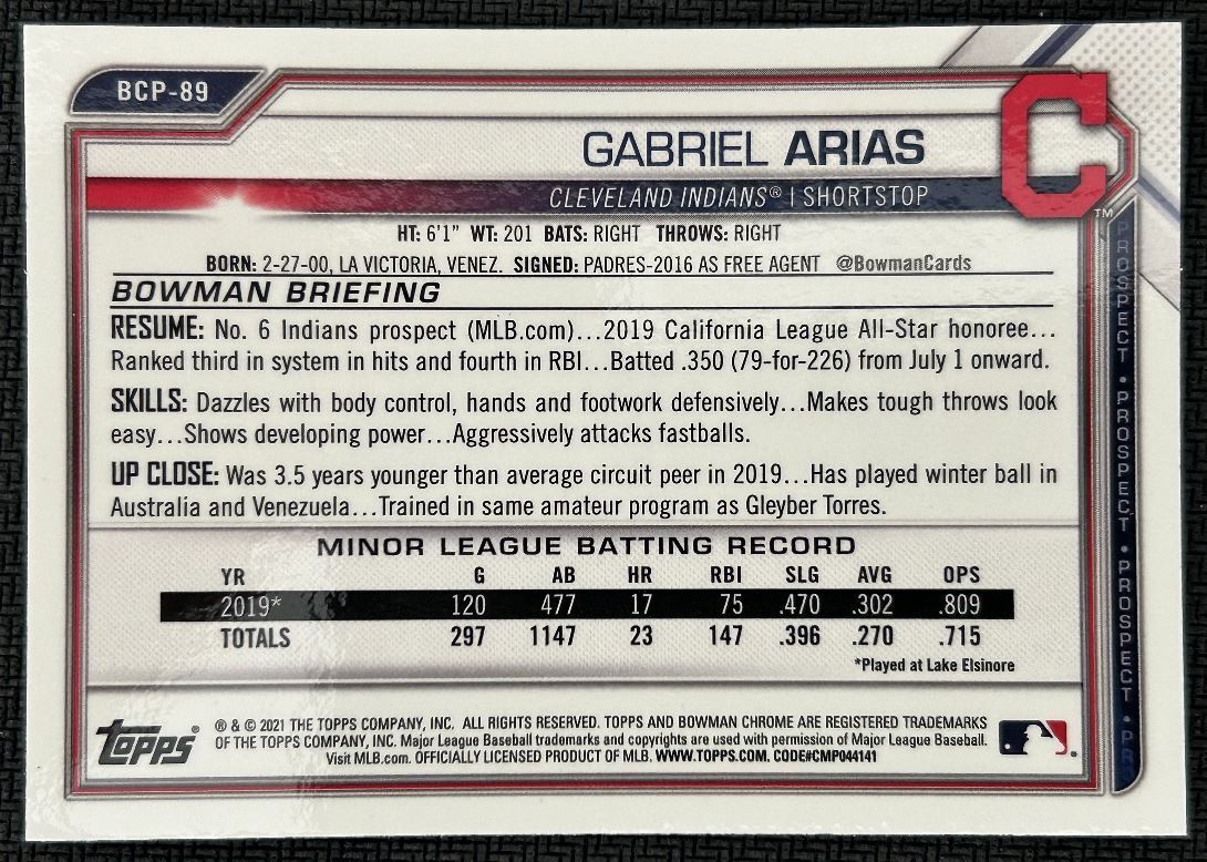 2021 Bowman Chrome Prospects Gabriel Arias Cleveland Indians #BCP-89