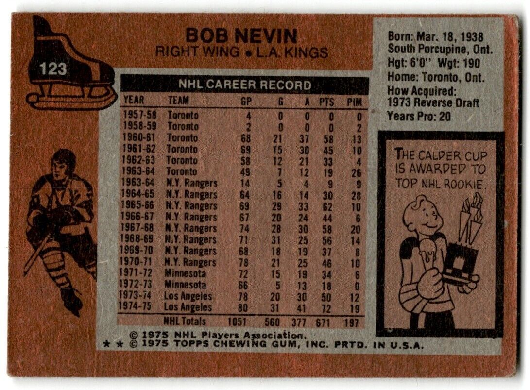 1975-76 Topps Bob Nevin Los Angeles Kings #123