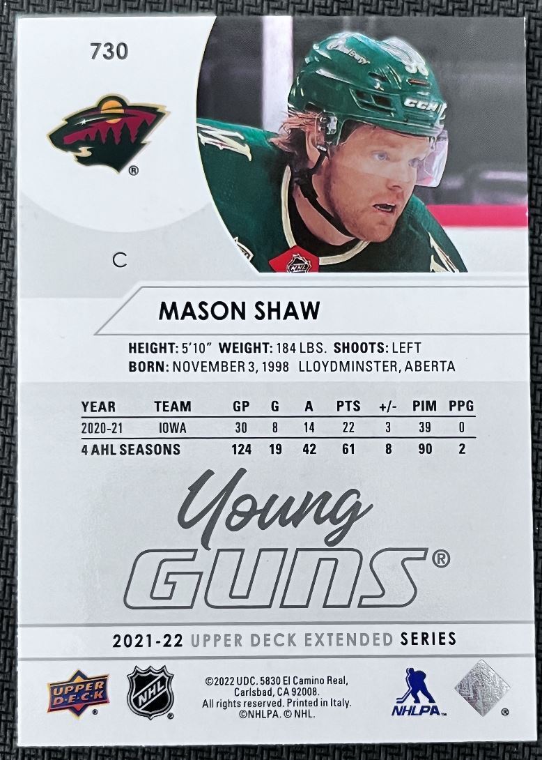 2021-22 Upper Deck Mason Shaw Rookie Minnesota Wild #730