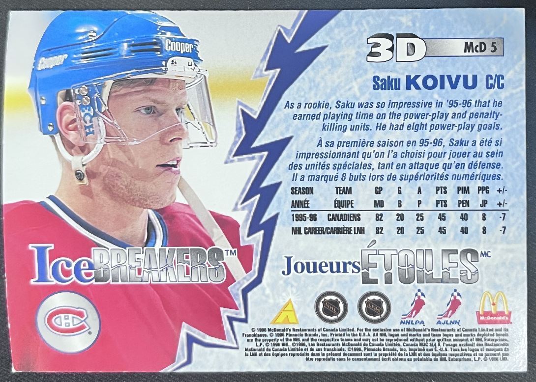 1996-97 Pinnacle McDonald's 3D Ice Breakers Saku Koivu Montreal Canadiens #MCD5