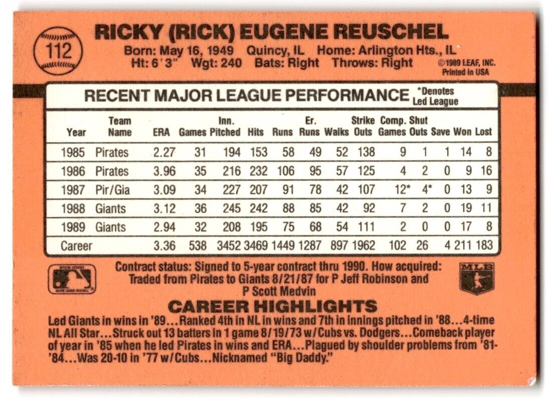 1990 Donruss Rick Reuschel San Francisco Giants #112