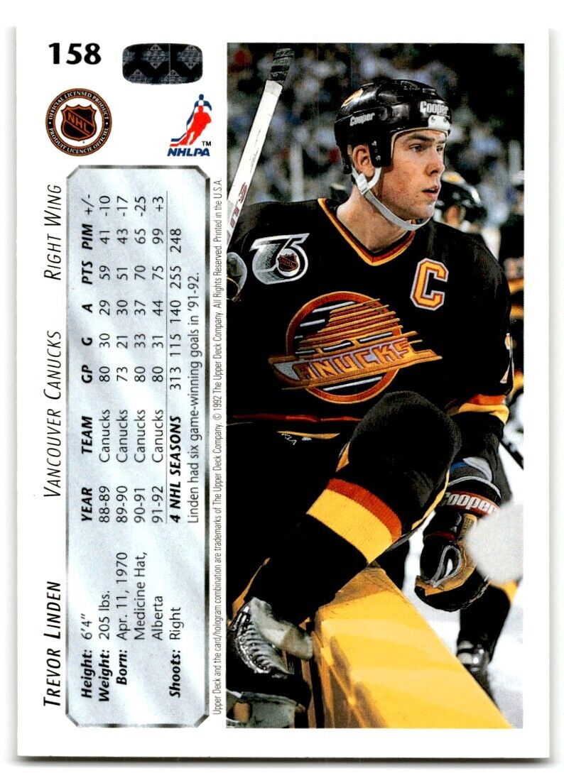 1992-93 Upper Deck Trevor Linden Vancouver Canucks #158