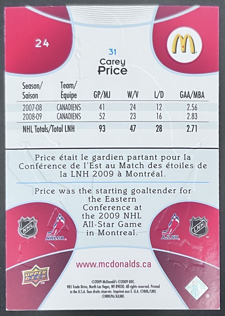 2009-10 Upper Deck McDonald's Carey Price Montreal Canadiens #24