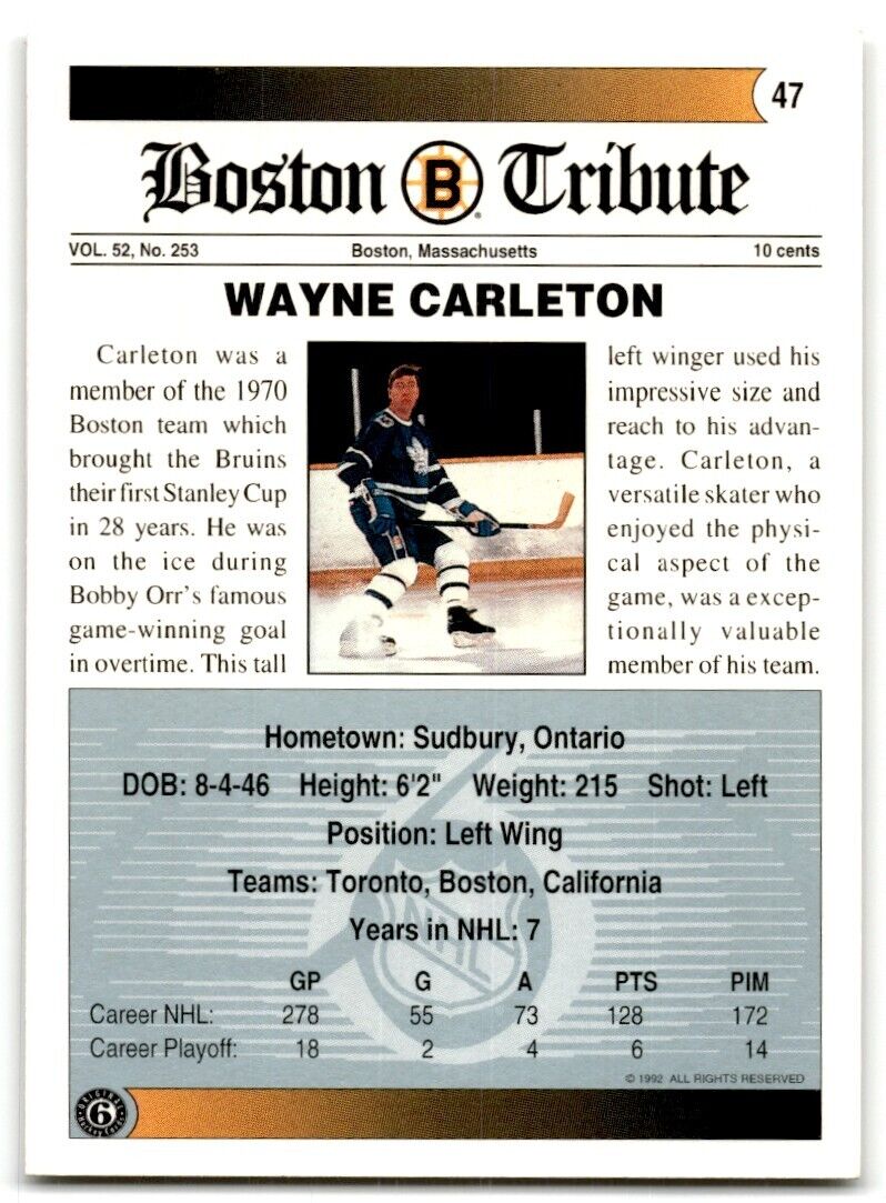 1991-92 Ultimate Original 6 Wayne Carleton Boston Bruins #47