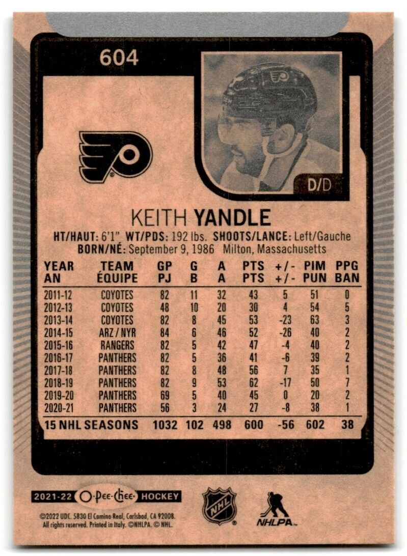 2021-22 Upper Deck 2021-22 O-Pee-Chee Update Keith Yandle Philadelphia Flyers