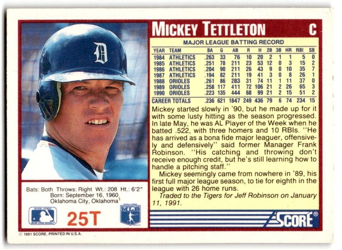 1991 Score Mickey Tettleton Detroit Tigers #25T