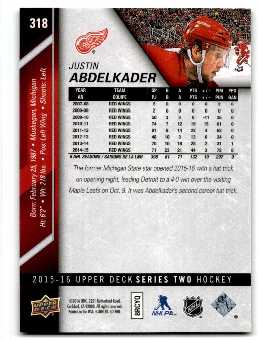 2015-16 Upper Deck Justin Abdelkader Detroit Red Wings #318