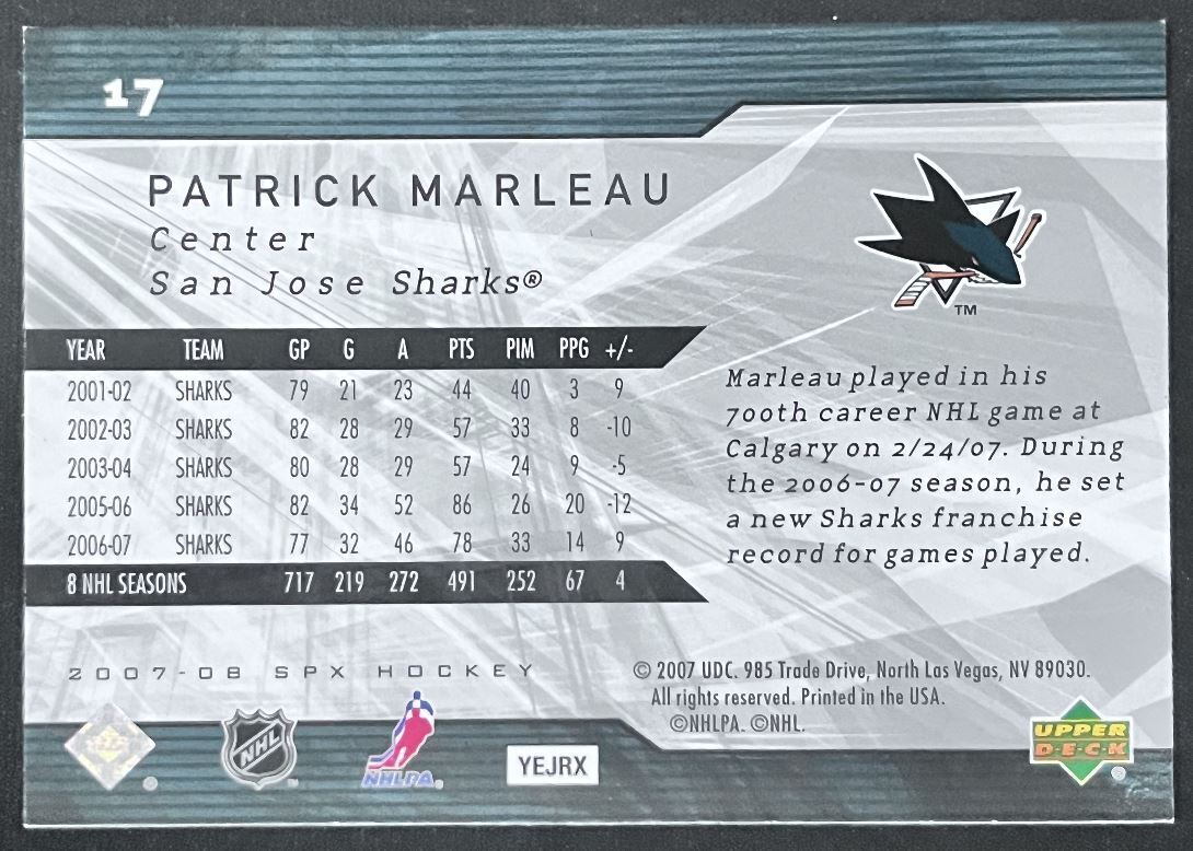 2007-08 SPx Patrick Marleau San Jose Sharks #17