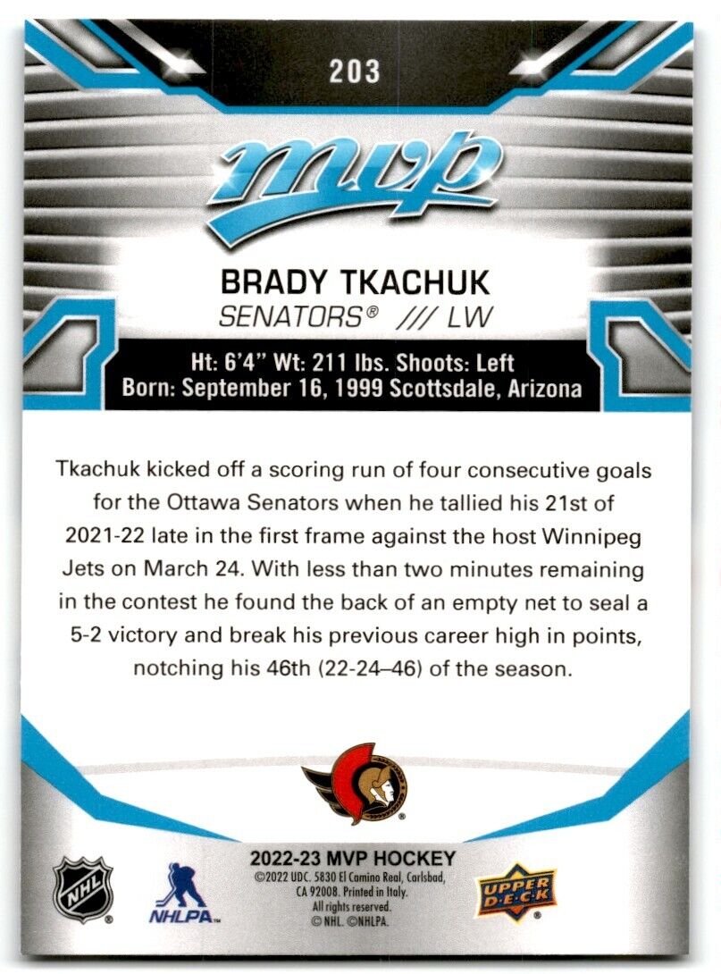 2022-23 Upper Deck MVP Brady Tkachuk Ottawa Senators #203