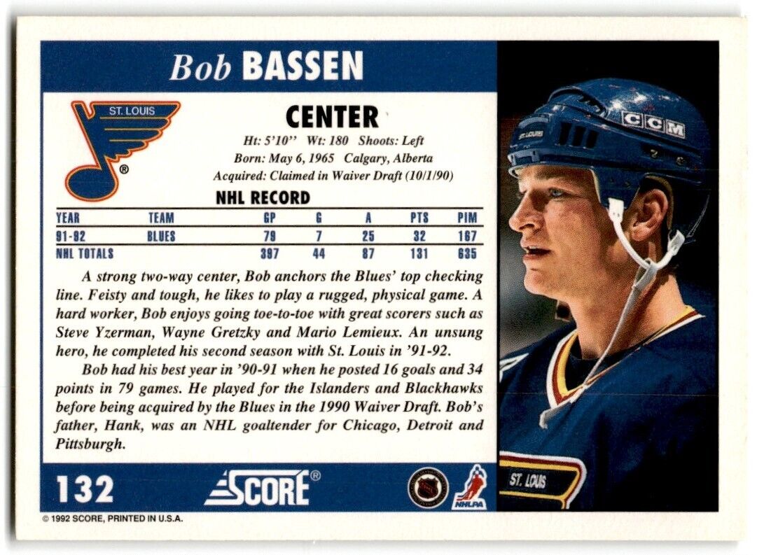 1992-93 Score Bob Bassen St. Louis Blues #132