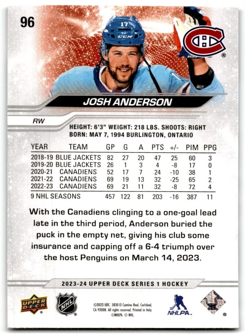 2023-24 Upper Deck Josh Anderson Montreal Canadiens #96