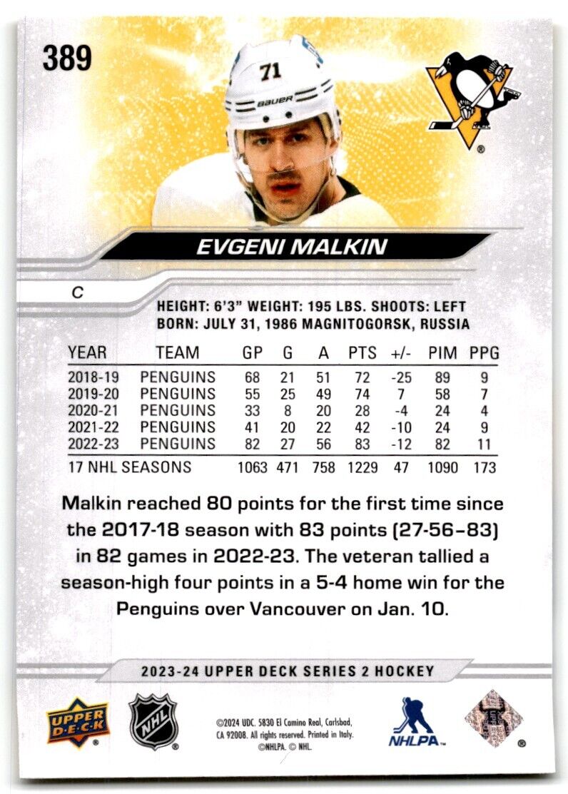 2023-24 Upper Deck Evgeni Malkin Pittsburgh Penguins #389