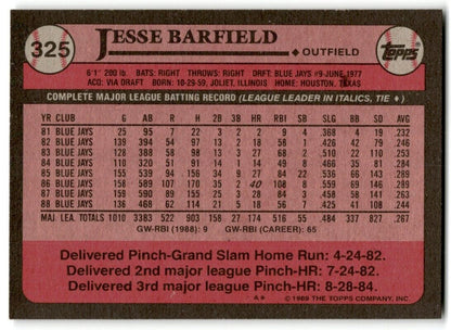 1989 Topps Jesse Barfield Toronto Blue Jays #325