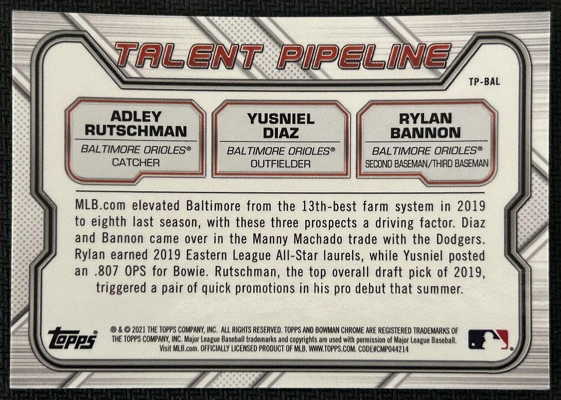 2021 Bowman Talent Pipeline Rylan Bannon/Adley Rutschman/Yusniel Diaz Baltimore