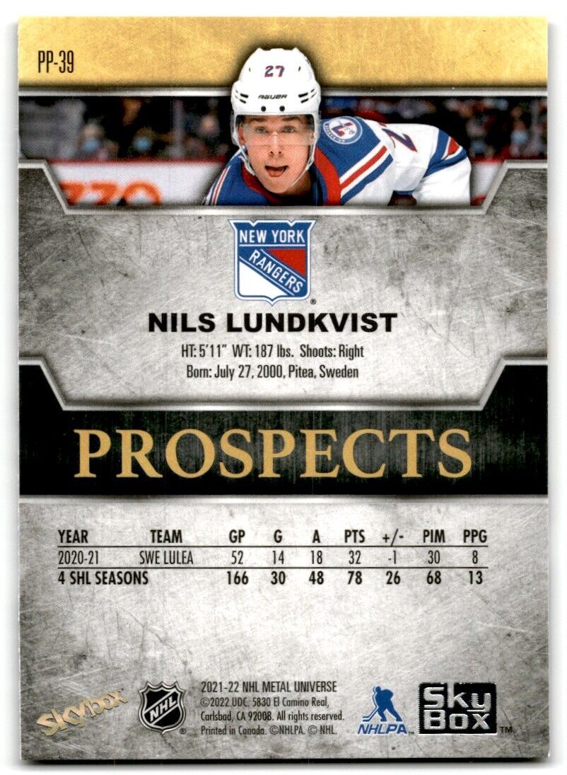 2021-22 Skybox Metal Universe Premium Prospects Nils Lundkvist Rookie New York