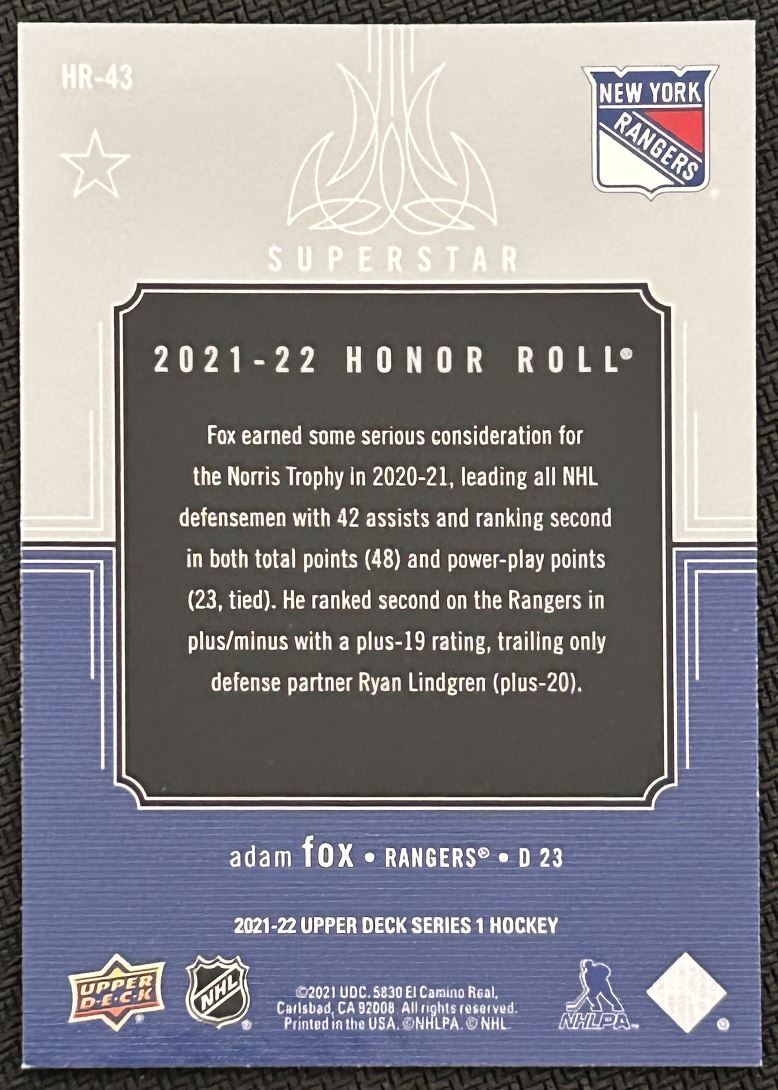 2021-22 Upper Deck Honor Roll Adam Fox New York Rangers #HR-43