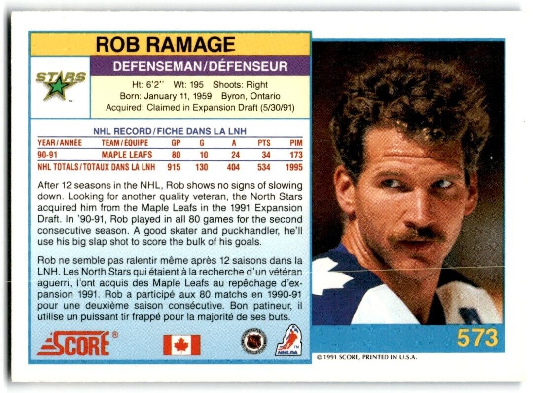 1991-92 Score Canadian Bilingual Rob Ramage Minnesota North Stars #573