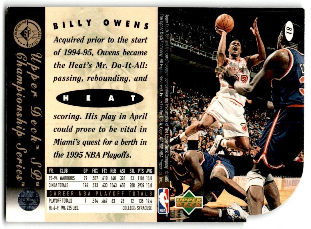 1995-96 SP Championship Series 1995 Billy Owens Miami Heat #81