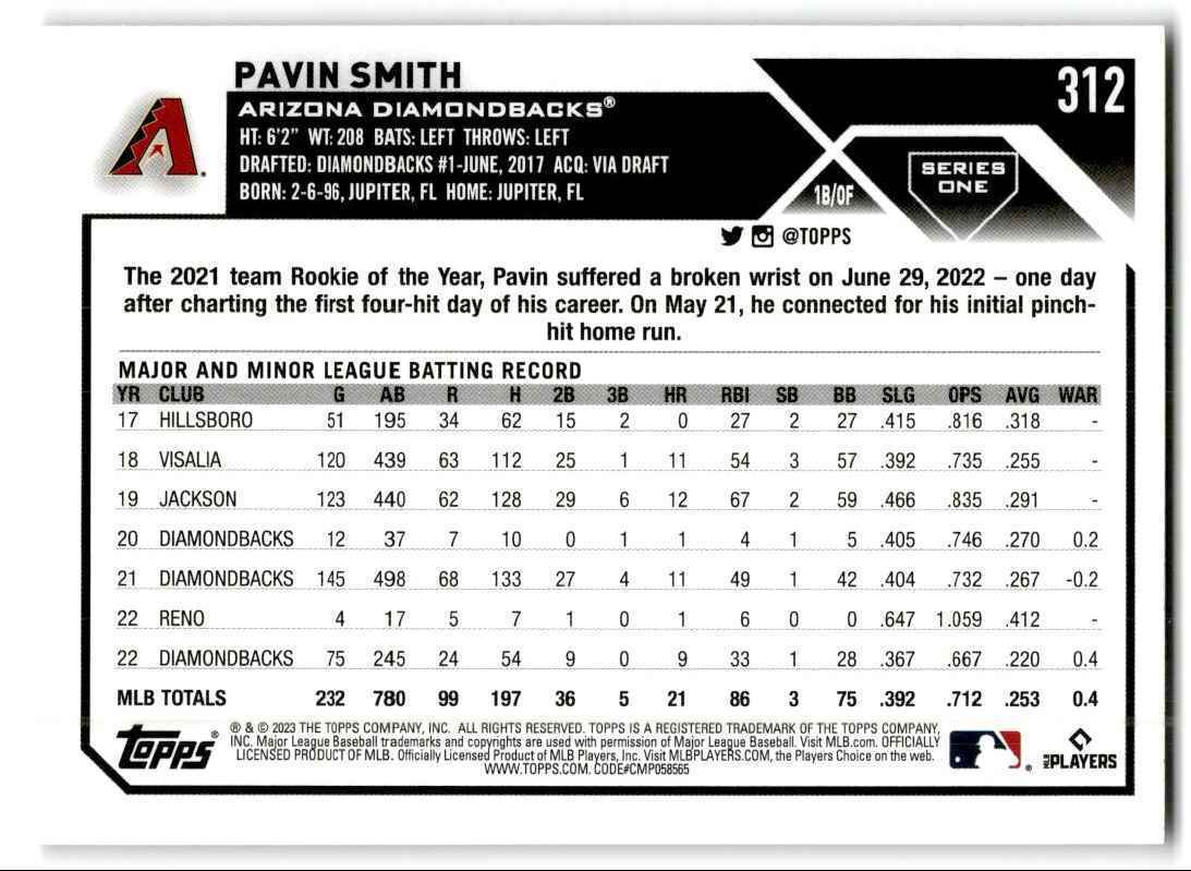 2023 Topps Pavin Smith Arizona Diamondbacks #312