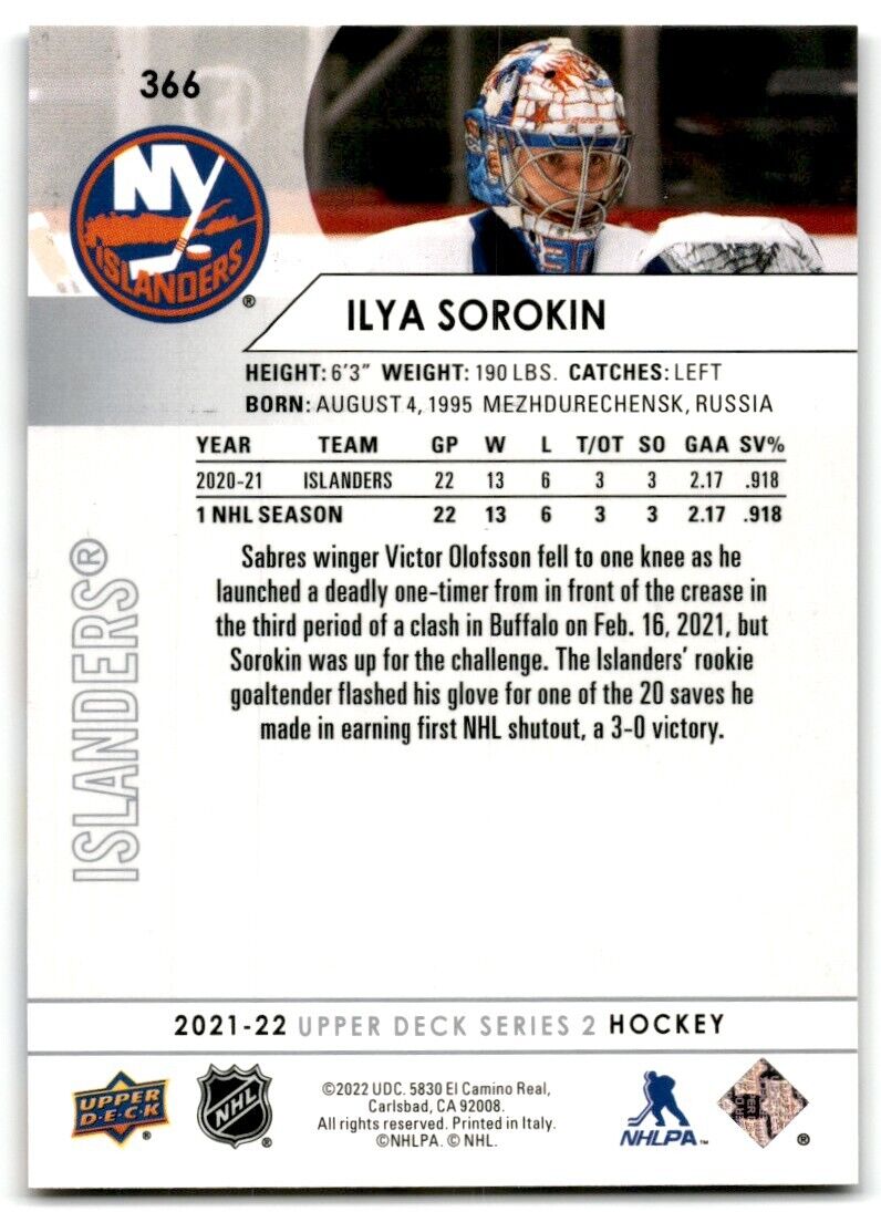 2021-22 Upper Deck Ilya Sorokin New York Islanders #366