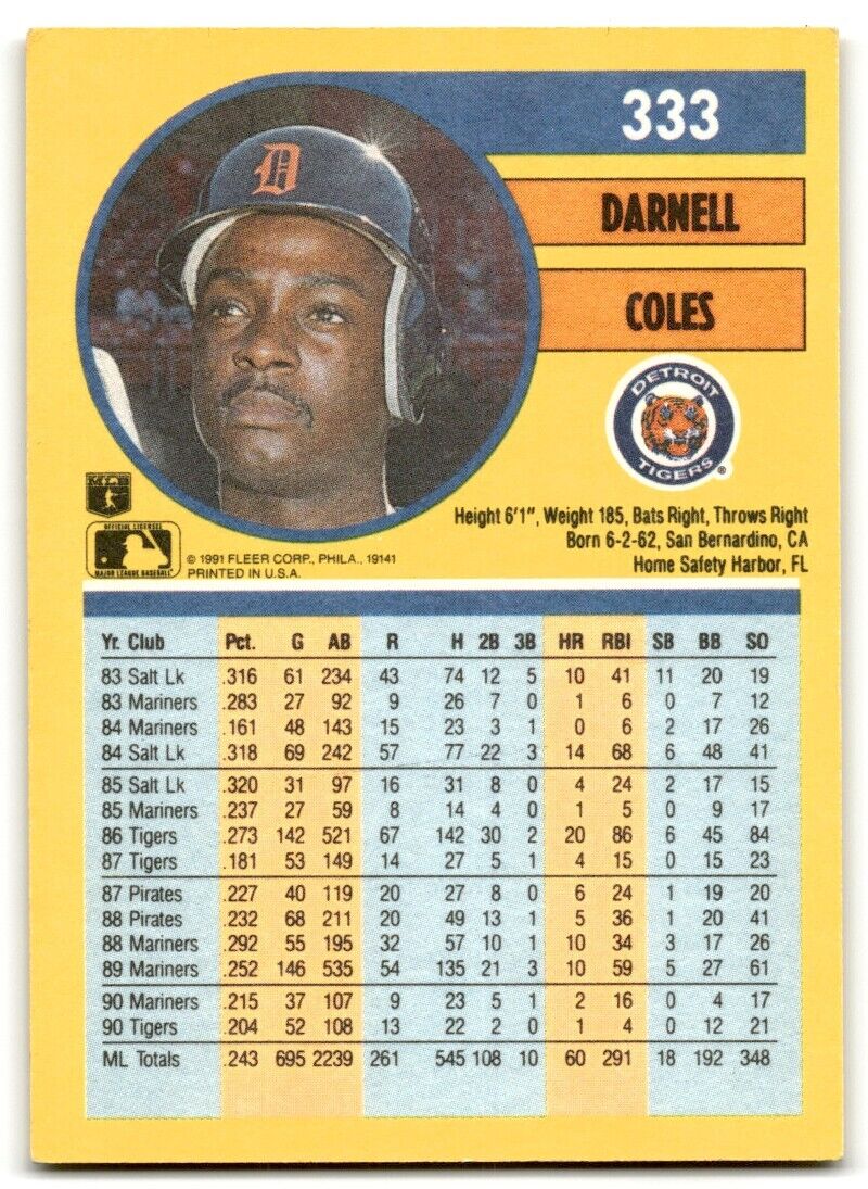 1991 Fleer Darnell Coles Detroit Tigers #333