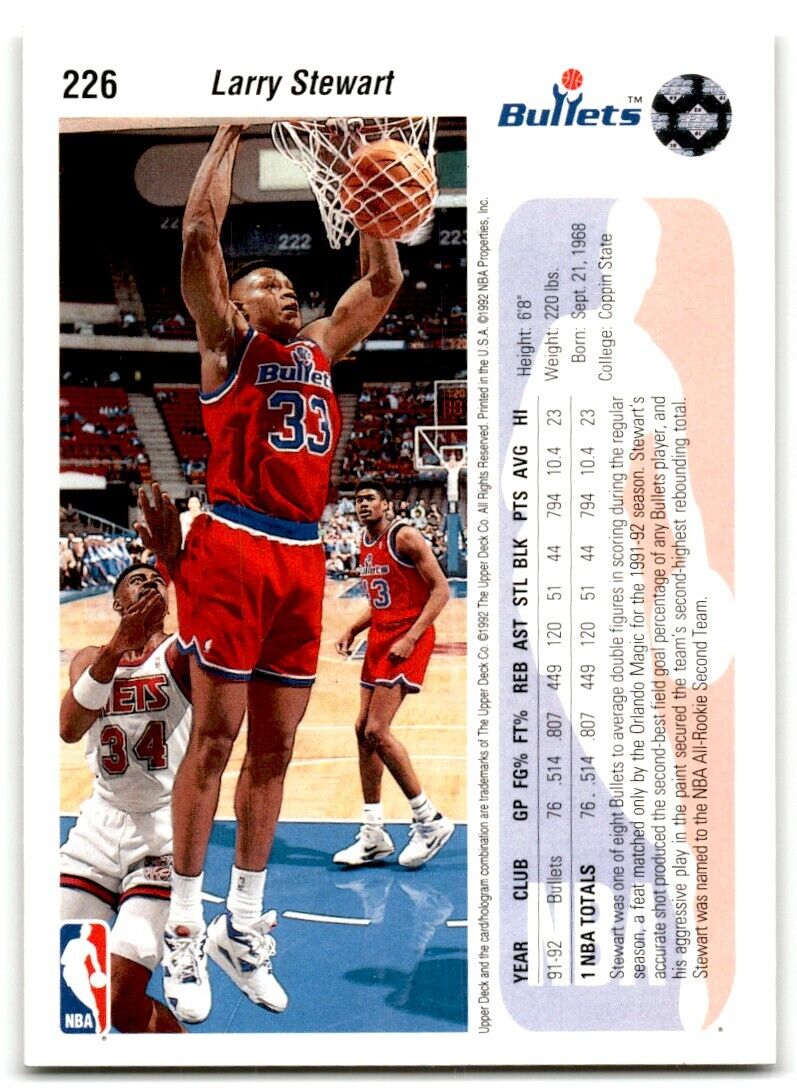 1992-93 Upper Deck Larry Stewart Washington Bullets #226