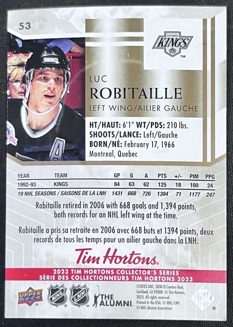 2023-24 Upper Deck Tim Hortons Legends Tim Horton Luc Robitaille Los Angeles