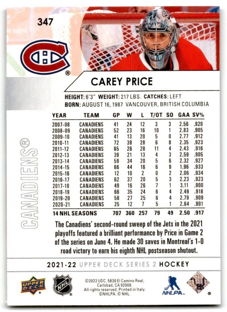 2022-23 Upper Deck Carey Price Montreal Canadiens #347