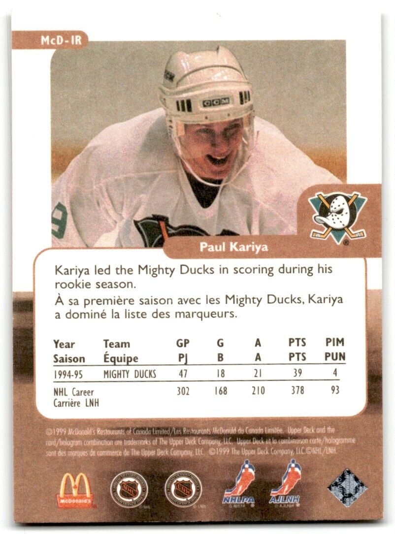 1998-99 Upper Deck Retro McDonald's Paul Kariya Anaheim Mighty Ducks #MCD-1R